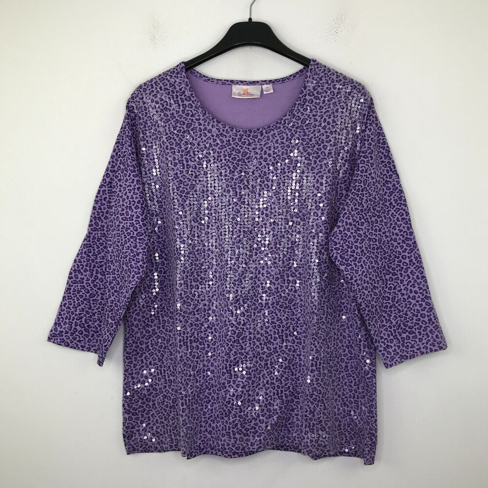 Quacker Factory Women's XL T-Shirt Purple Leopard Sequin Long Sleeve Tee CK13